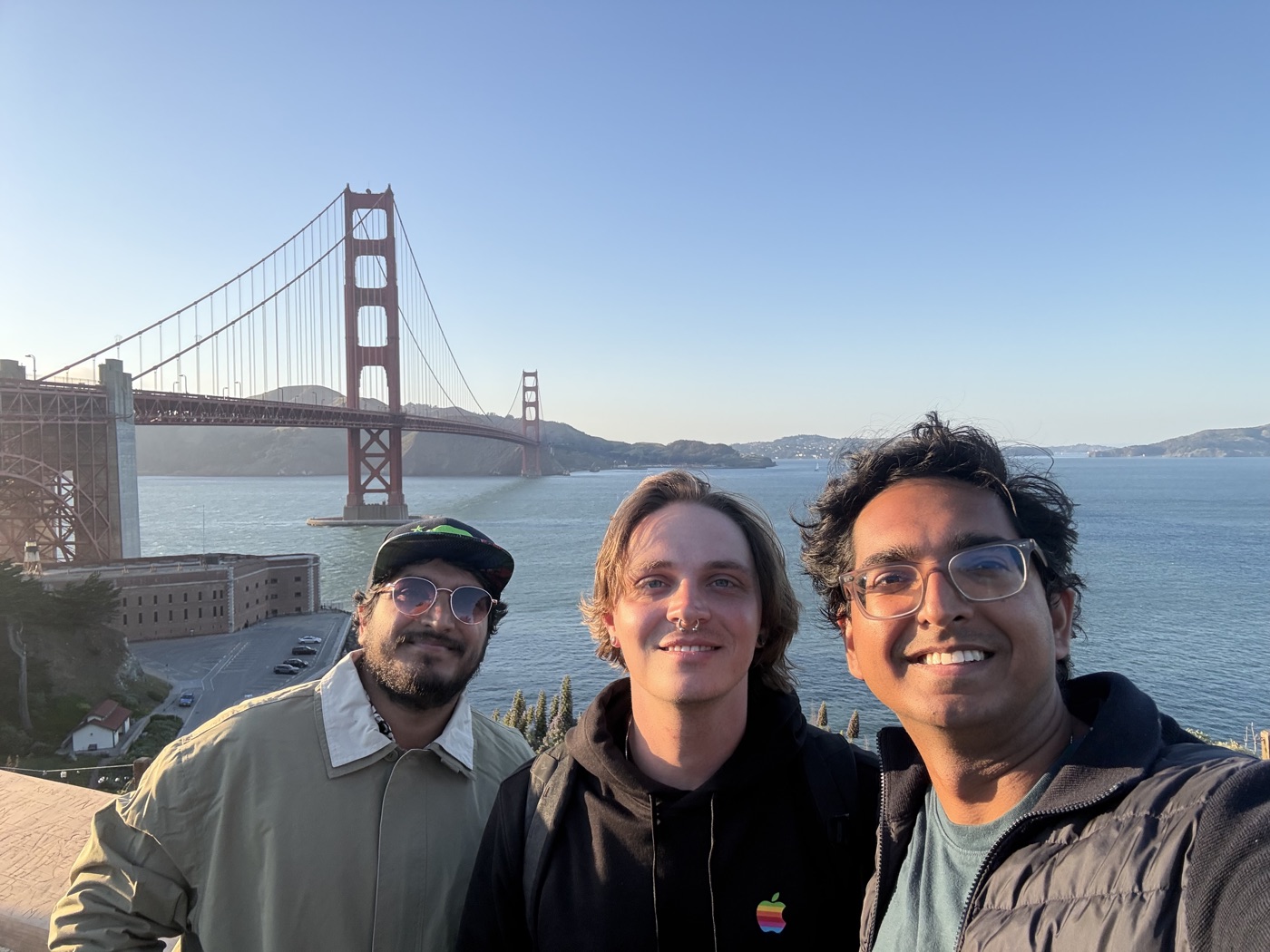 Three smiles in front of the Golden Gate Bridge
